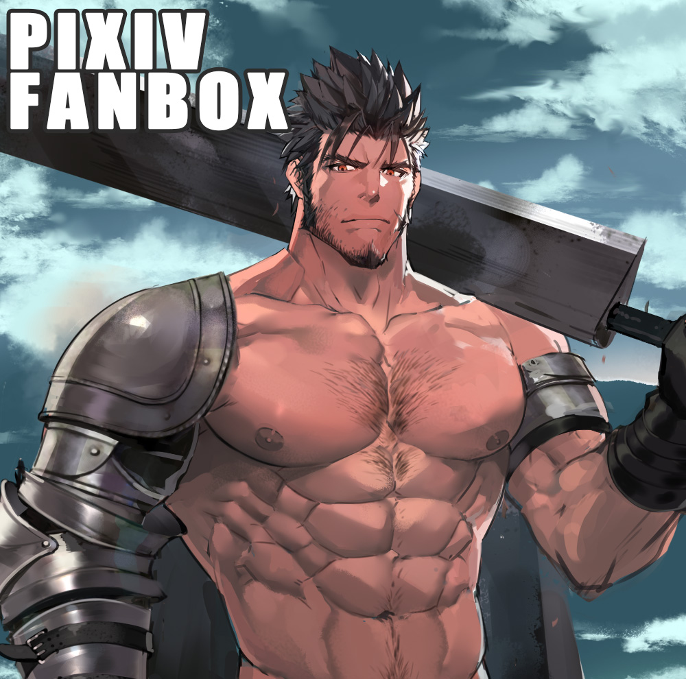 1boy abs armor beard blue_sky brown_eyes brown_hair chest_hair clouds collarbone facial_hair gauntlets holding holding_sword holding_weapon looking_at_viewer male_focus muscle nikism nipples outdoors over_shoulder pectorals sideburns sky sword upper_body watermark weapon