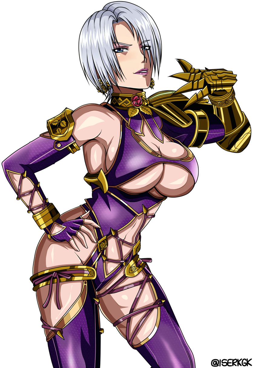 bangs blue_eyes breasts earrings gauntlets hair_over_one_eye hand_on_hip highres isabella_valentine ise_(isejp1) jewelry large_breasts lipstick makeup navel purple_lipstick revealing_clothes short_hair silver_hair smile solo soul_calibur standing under_boob