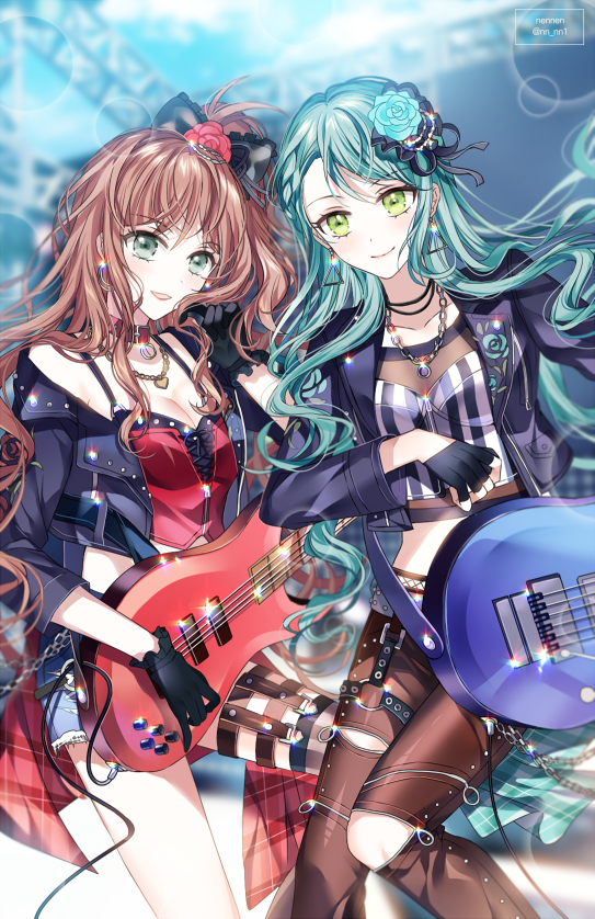 2girls aqua_hair aqua_rose artist_name bang_dream! bangs bass_guitar black_bow black_gloves black_jacket black_ribbon blurry blurry_background bow breasts brown_hair cable cleavage crop_top cropped_jacket denim denim_shorts earrings electric_guitar fingerless_gloves floral_print flower garter_straps gloves green_eyes guitar hair_bow hair_flower hair_ornament hair_ribbon heart_pendant hikawa_sayo hoop_earrings imai_lisa instrument jacket jewelry long_hair looking_at_viewer midriff multiple_girls music nennen o-ring one_side_up open_mouth playing_instrument red_collar red_flower red_rose red_shirt ribbon rose rose_print shirt shorts single_thighhigh small_breasts smile striped striped_shirt studded_jacket thigh-highs thigh_strap triangle_earrings twitter_username vertical-striped_shirt vertical_stripes zipper