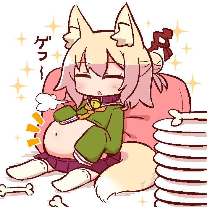 1girl animal_ear_fluff animal_ears bangs bell bell_collar big_belly blonde_hair blush brown_collar cartoon_bone closed_eyes collar eyebrows_visible_through_hair fox_ears fox_girl fox_tail green_shirt hair_between_eyes hair_bun hair_ornament hand_on_own_stomach jingle_bell kemomimi-chan_(naga_u) long_sleeves naga_u no_shoes orange_neckwear original parted_lips pillow plate pleated_skirt purple_skirt ribbon-trimmed_legwear ribbon_trim sailor_collar shirt sitting skirt sleeves_past_fingers sleeves_past_wrists solo sparkle tail thigh-highs white_background white_legwear white_sailor_collar