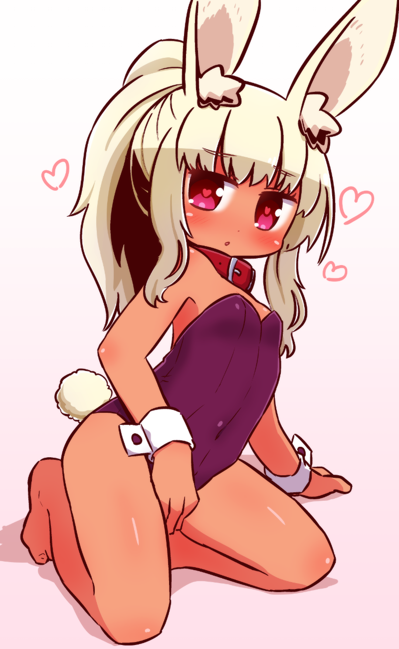 1girl :o animal_ear_fluff animal_ears arm_support bare_legs bare_shoulders barefoot belt_collar blonde_hair blush breasts bunny_girl bunny_tail bunnysuit commentary_request full_body gradient gradient_background heart heart-shaped_pupils highres leotard long_hair looking_at_viewer naga_u original parted_lips pink_background purple_leotard rabbit_ears red_collar red_eyes shadow sidelocks small_breasts solo strapless strapless_leotard symbol-shaped_pupils tail tan white_background wrist_cuffs