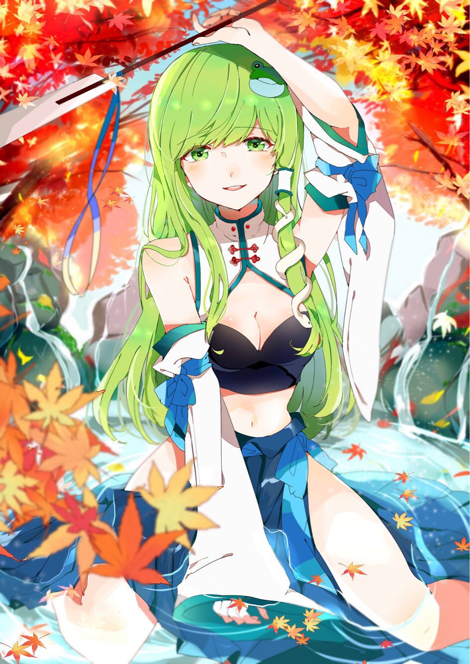 1girl adapted_costume arm_up autumn autumn_leaves bangs between_legs blue_ribbon blue_skirt blush breasts bustier cleavage day detached_sleeves frog_hair_ornament gohei green_eyes green_hair hair_ornament hair_tubes hand_between_legs highres holding kochiya_sanae leaf long_hair looking_at_viewer maple_leaf medium_breasts midriff navel oonusa outdoors parted_lips partially_submerged potesara ribbon rock skirt smile snake_hair_ornament solo touhou tree water wide_sleeves