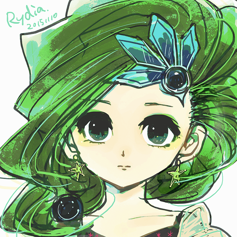 1girl commentary_request earrings final_fantasy final_fantasy_iv green_eyes green_hair hair_ornament jewelry long_hair rydia solo yadoso