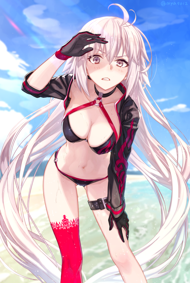 1girl antenna_hair ass_visible_through_thighs bangs beach bikini black_bikini black_gloves blue_sky blurry blurry_background blush breasts brown_eyes cleavage clouds collarbone commentary_request day depth_of_field fate/grand_order fate_(series) gloves halterneck hand_on_own_knee hand_up jeanne_d'arc_(alter_swimsuit_berserker) jeanne_d'arc_(fate)_(all) large_breasts leaning_forward leg_belt legs_apart looking_at_viewer m-ya navel o-ring o-ring_top ocean outdoors parted_lips red_legwear shrug_(clothing) single_thighhigh sky solo standing swimsuit teeth thigh-highs twitter_username water white_hair