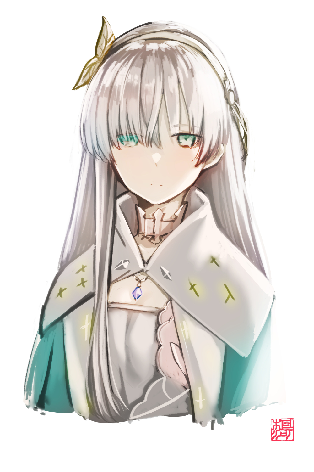 1girl anastasia_(fate/grand_order) aqua_cape bangs bow breasts choker cropped_torso eyebrows_visible_through_hair fate/grand_order fate_(series) frown goemon1110 green_eyes hair_between_eyes hair_bow hair_ornament highres long_hair looking_at_viewer silver_hair simple_background small_breasts solo upper_body white_background white_bow