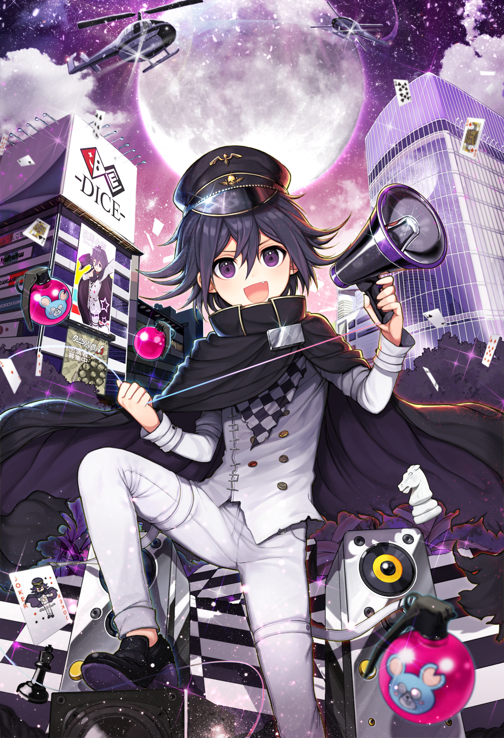 1boy bangs building checkered checkered_scarf dangan_ronpa fang hair_between_eyes highres megaphone moon new_dangan_ronpa_v3 open_mouth ouma_kokichi purple_hair raily scarf solo spiky_hair straitjacket violet_eyes