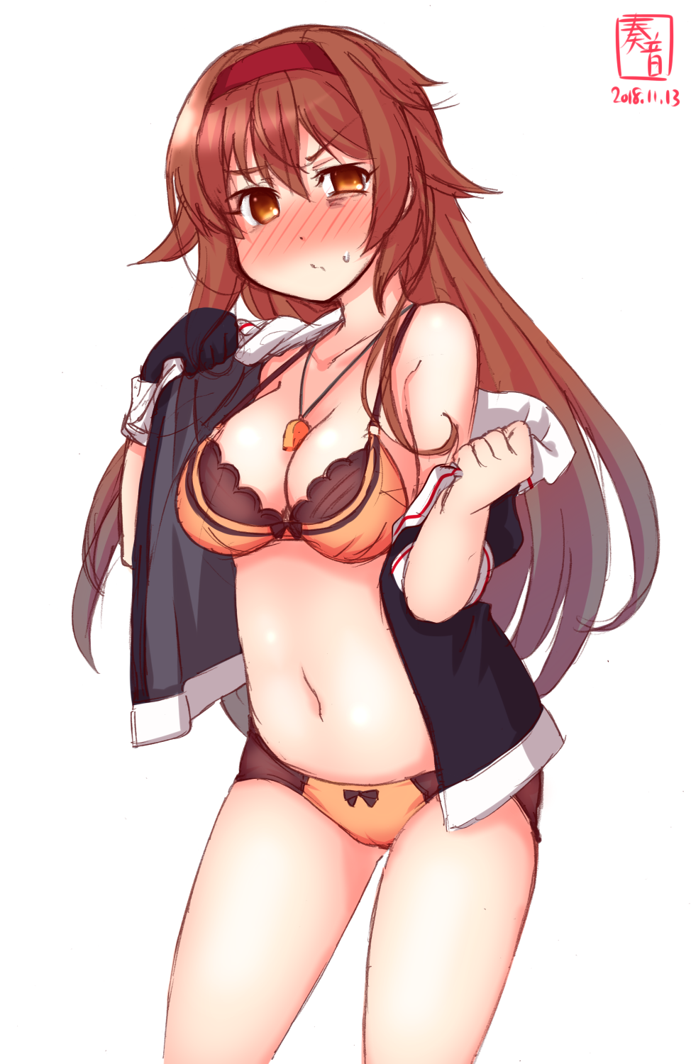 1girl alternate_costume artist_logo black_serafuku blush bra breasts brown_eyes brown_hair collarbone dated embarrassed gloves hairband highres kanon_(kurogane_knights) kantai_collection looking_at_viewer medium_breasts neckerchief orange_bra orange_hairband orange_panties panties school_uniform serafuku shiratsuyu_(kantai_collection) short_sleeves simple_background single_glove solo standing sweatdrop underwear undressing whistle whistle_around_neck white_background