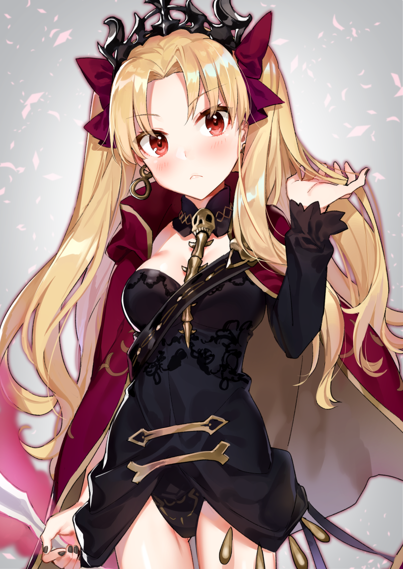 1girl black_dress black_nails blonde_hair blush bow breasts cape closed_mouth commentary_request crown diadem dress earrings ereshkigal_(fate/grand_order) eyebrows_visible_through_hair fate/grand_order fate_(series) fingernails hair_between_eyes hair_bow hair_ornament hair_ribbon hand_in_hair hand_up head_tilt holding holding_weapon infinity jewelry long_hair long_sleeves looking_at_viewer medium_breasts multicolored multicolored_cape multicolored_clothes nail_polish parted_lips red_bow red_cape red_eyes ribbon shirako_miso skull solo spine tiara tohsaka_rin two_side_up weapon yellow_cape