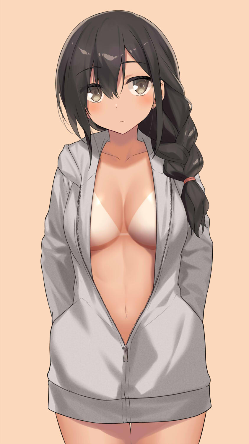 1girl bikini_tan black_hair blush braid breasts brown_eyes cccpo cleavage collarbone eyebrows_visible_through_hair grey_jacket hair_between_eyes hair_over_shoulder hands_in_pockets highres jacket large_breasts long_hair long_sleeves looking_at_viewer naked_coat navel original simple_background single_braid solo tan tanline unzipped zipper_pull_tab