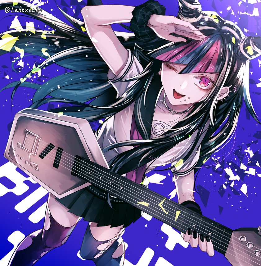 1girl :p asymmetrical_legwear black_hair black_nails black_sailor_collar black_scrunchie black_skirt blue_background blue_legwear chin_piercing dangan_ronpa ear_piercing floating_hair highlights holding holding_instrument instrument long_hair looking_at_viewer miniskirt mioda_ibuki multicolored_hair nail_polish neckerchief piercing pleated_skirt purple_legwear purple_neckwear sailor_collar school_uniform scrunchie serafuku shirt short_sleeves skirt solo standing super_dangan_ronpa_2 thigh-highs tied_hair tongue tongue_out torn_clothes torn_legwear twitter_username very_long_hair violet_eyes white_shirt wrist_scrunchie z-epto_(chat-noir86)