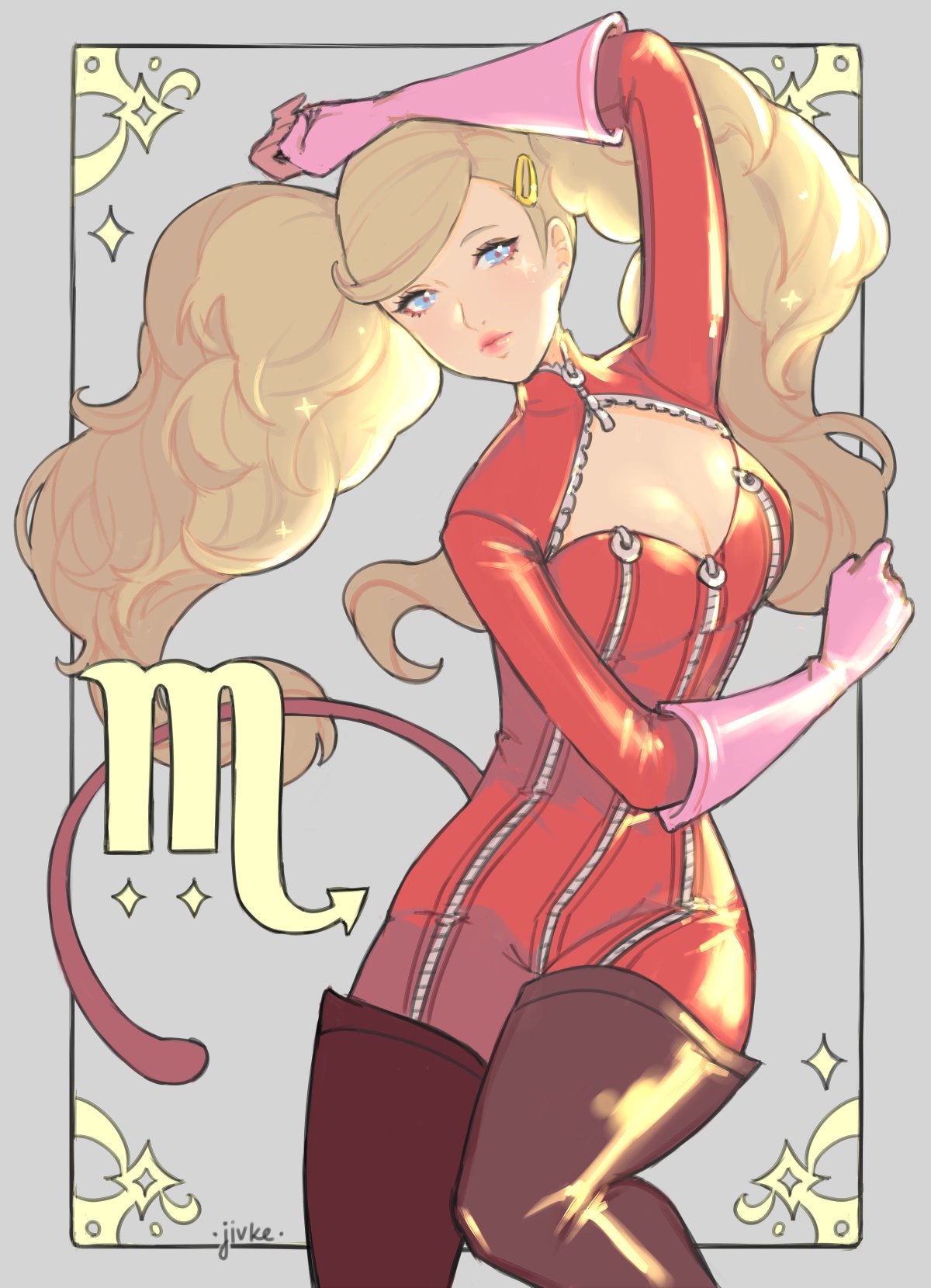 1girl bodysuit earrings fake_tail gloves highres jewelry jivke long_hair looking_at_viewer mask mask_removed persona persona_5 pink_gloves red_background red_bodysuit red_legwear simple_background solo stud_earrings tail takamaki_anne twintails whip zipper