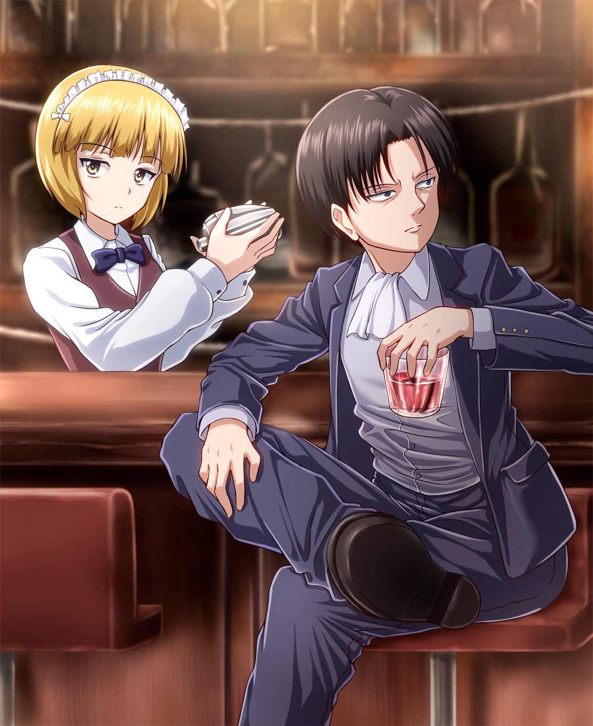 1boy 1girl alcohol ascot bangs bar bartender black_eyes black_footwear black_hair black_jacket black_neckwear black_pants blonde_hair blunt_bangs blurry blurry_background bow bowtie brown_vest closed_mouth cocktail_shaker collared_shirt commentary crossover cup cutlass_(girls_und_panzer) depth_of_field dress_shirt drinking_glass eyebrows_visible_through_hair formal frown girls_und_panzer glaring half-closed_eyes hand_on_own_leg handkerchief highres holding holding_cup jacket legs_crossed levi_(shingeki_no_kyojin) light_frown loafers long_sleeves looking_at_viewer maid_headdress pants school_uniform shingeki_no_kyojin shirt shoes short_hair sitting standing suit vest white_neckwear white_shirt wing_collar yellow_eyes zanntetu