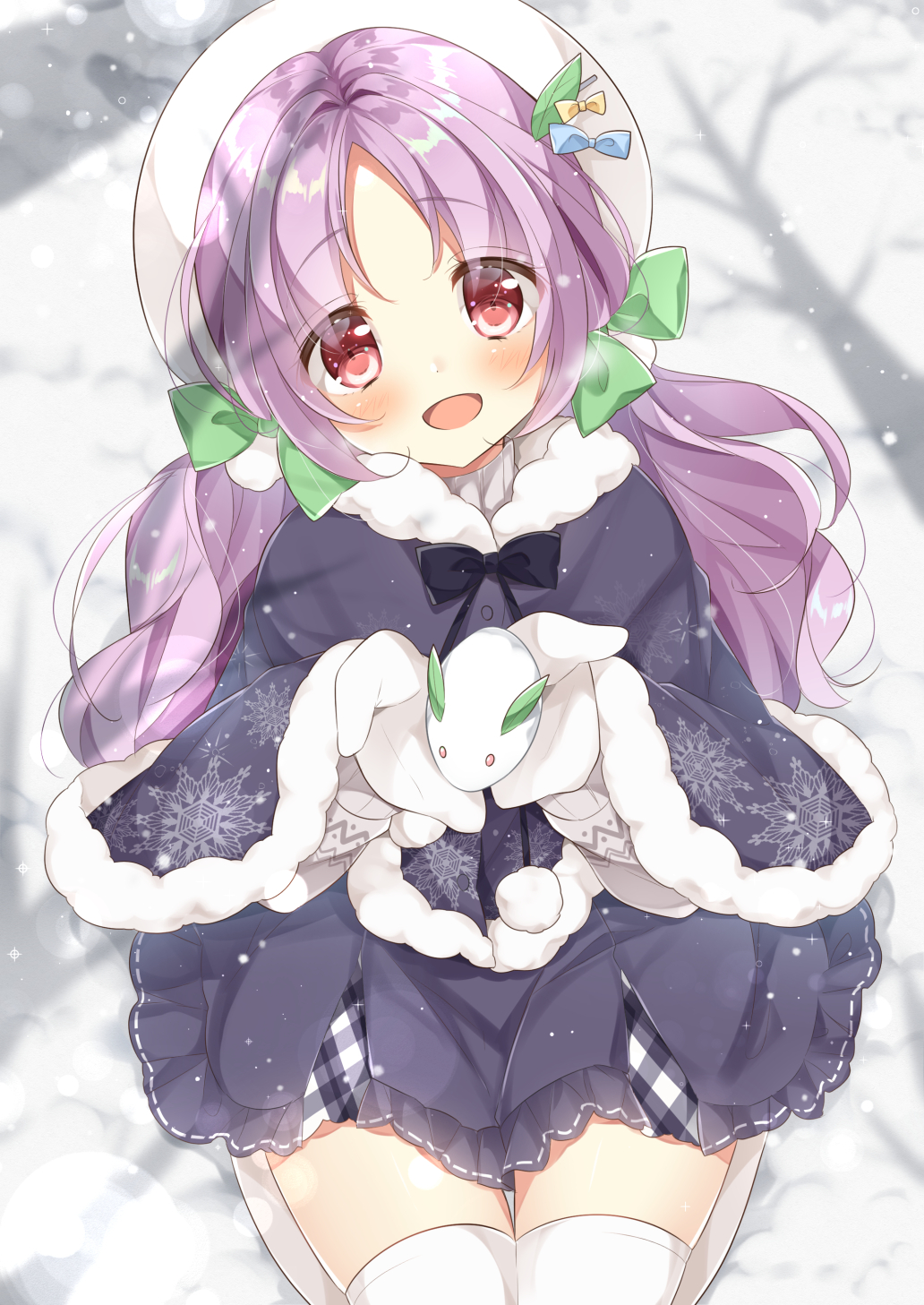 1girl :d blue_coat blue_skirt blush bow day from_above gau_(n00_shi) green_bow hair_bow hat hat_ornament highres long_hair looking_at_viewer open_mouth original outdoors plaid plaid_skirt purple_hair red_eyes seiza shadow sitting skirt smile snow snow_bunny solo sweater thigh-highs turtleneck turtleneck_sweater twintails white_hat white_legwear white_mittens wide_sleeves