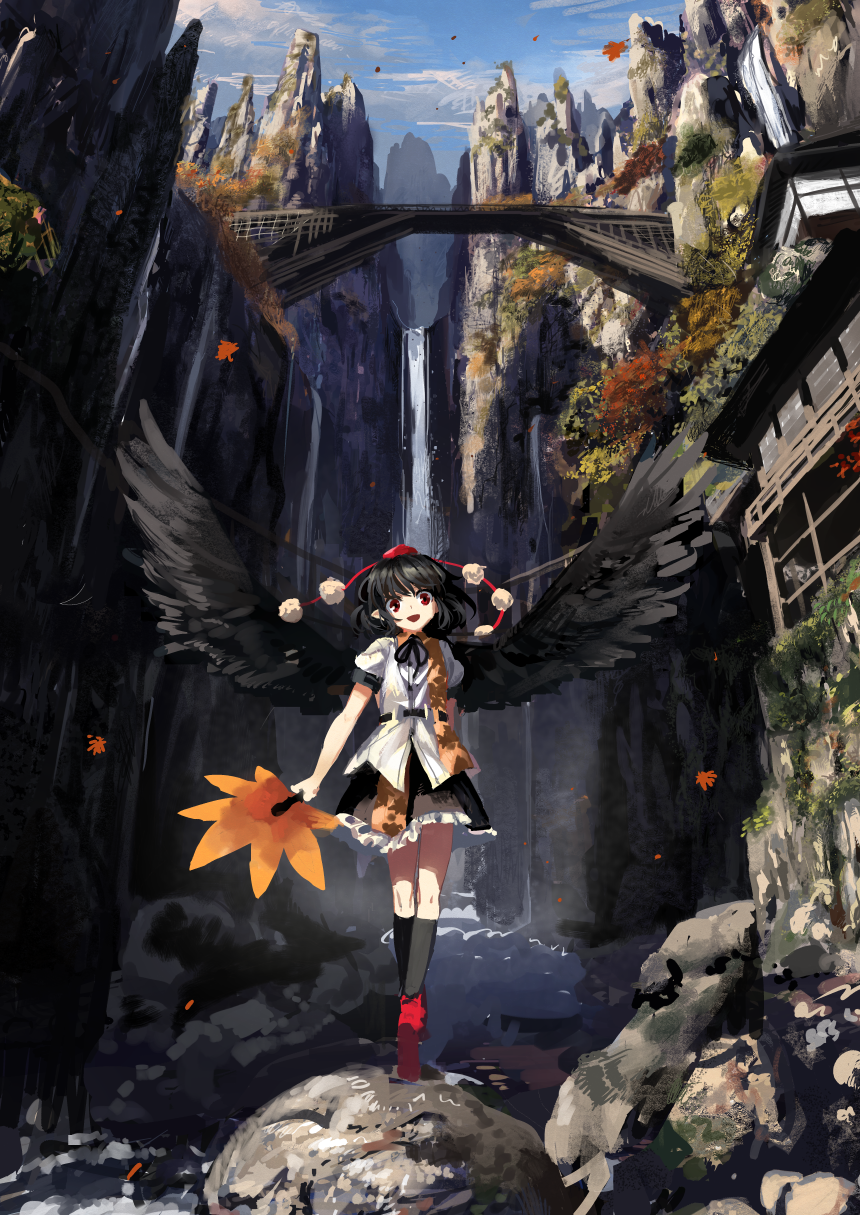 1girl architecture black_hair black_wings blue_sky bridge clouds east_asian_architecture feathered_wings geta hat highres kneehighs leaf_fan looking_at_viewer mountain neck_ribbon open_mouth outdoors pointy_ears pom_pom_(clothes) red_eyes ribbon rock scenery shameimaru_aya short_hair skirt sky smile solo suna_(s73d) tengu tengu-geta tokin_hat touhou tree water waterfall wings youkai_mountain