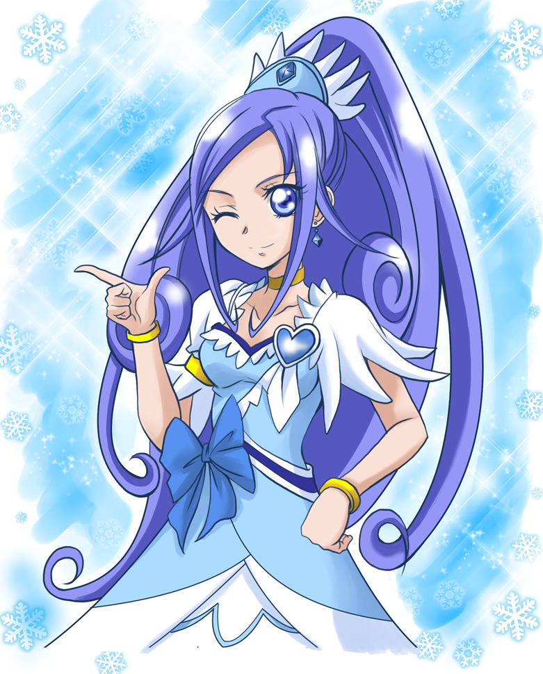 1girl ;) blue_bow blue_eyes blue_hair bow bracelet choker collarbone cure_diamond dokidoki!_precure dress earrings hair_ornament hanzou heart high_ponytail hishikawa_rikka jewelry long_hair one_eye_closed precure short_sleeves smile solo standing very_long_hair