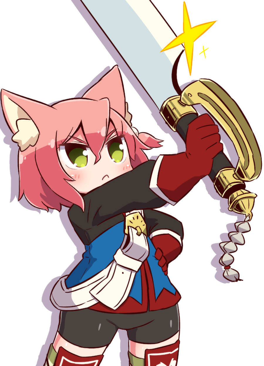 1girl 7th_dragon 7th_dragon_(series) animal_ear_fluff animal_ears bangs belt belt_buckle black_shorts blue_jacket blush buckle cat_ears chibi closed_mouth commentary_request cowboy_shot glint gloves green_legwear hair_between_eyes hand_on_hip harukara_(7th_dragon) highres holding holding_sword holding_weapon jacket long_sleeves looking_away naga_u outstretched_arm pink_hair red_gloves shadow short_shorts shorts solo sword thigh-highs v-shaped_eyebrows weapon white_background white_belt