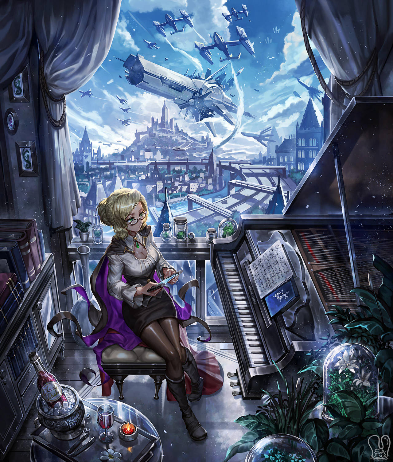 1girl aircraft airship blonde_hair book boots bottle breasts cabinet candle cape city cleavage commission cup curtains drinking_glass flower glasses glynda_goodwitch green_eyes hair_bun highres instrument pantyhose piano river rwby sa-dui sitting solo vase window wine_bottle wine_glass