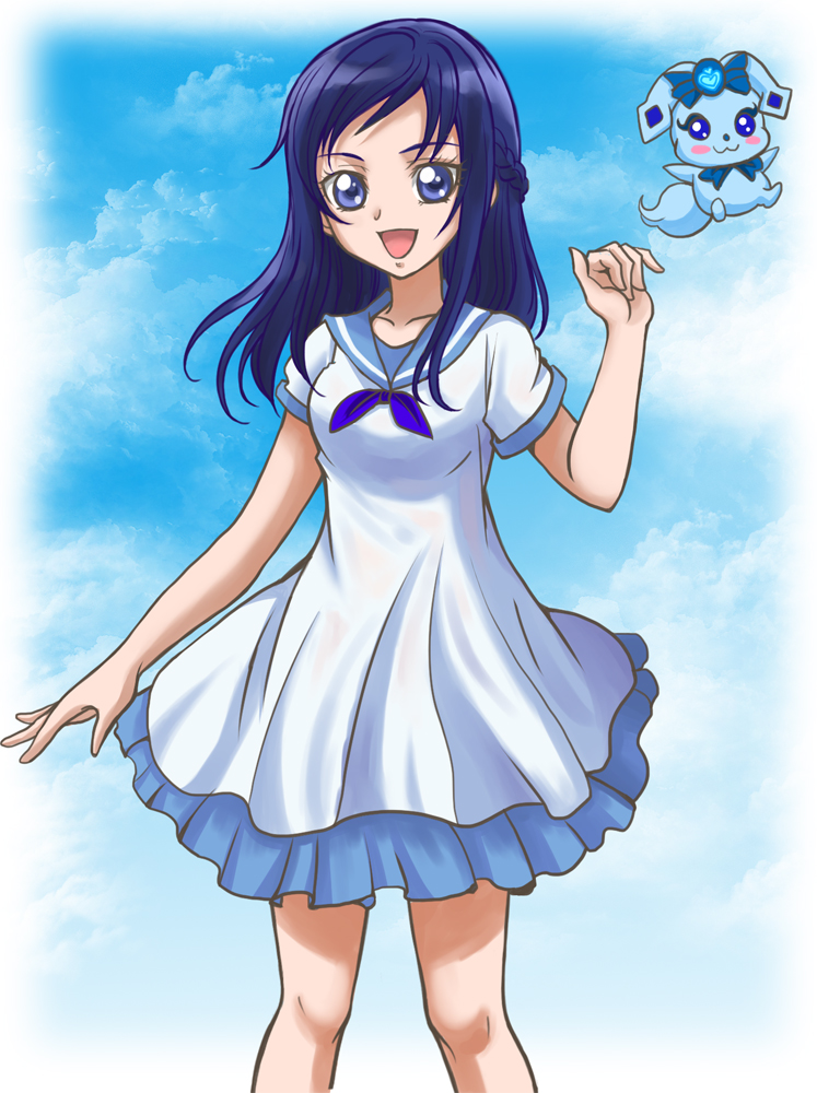 1girl :d bangs blue_eyes blue_hair blue_ribbon blue_sailor_collar collarbone dokidoki!_precure dress hanzou hishikawa_rikka long_hair looking_at_viewer neck_ribbon open_mouth precure rakeru_(dokidoki!_precure) ribbon sailor_collar short_dress short_sleeves smile solo standing swept_bangs white_dress