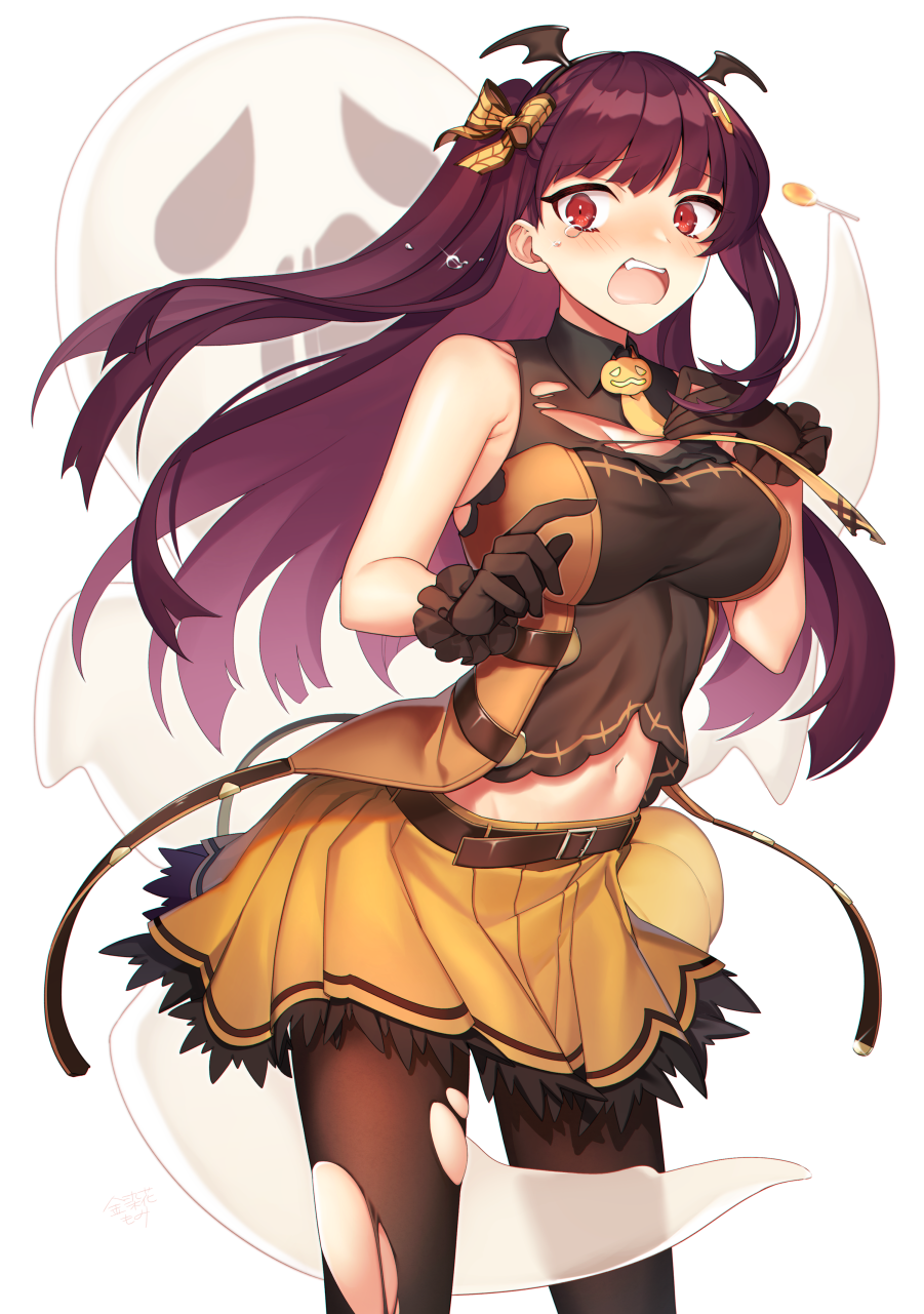 1girl alternate_costume bangs bat_hair_ornament belt black_legwear blush breasts candy collared_shirt crying crying_with_eyes_open eyebrows_visible_through_hair food food_themed_hair_ornament ghost girls_frontline gloves hair_ornament hair_ribbon half_updo halloween hand_on_own_chest hand_up highres jack-o'-lantern kinsenka_momi large_breasts lollipop long_hair looking_at_viewer navel necktie one_side_up open_mouth pantyhose pumpkin_hair_ornament purple_hair red_eyes ribbon shirt simple_background skindentation skirt sleeveless sleeveless_shirt solo standing sweatdrop tears torn_clothes torn_legwear very_long_hair wa2000_(girls_frontline) white_background