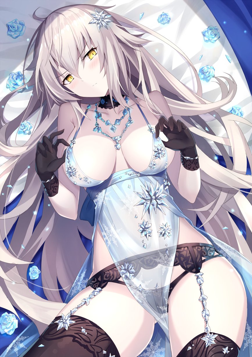 1girl ahoge alexandrite artoria_pendragon_(all) artoria_pendragon_(lancer_alter) artoria_pendragon_(lancer_alter)_(cosplay) babydoll bangs bare_shoulders black_garter_belt black_panties blue_babydoll blue_flower blue_rose blush bracelet breasts choker closed_mouth clothes_tug collarbone cosplay eyebrows_visible_through_hair fate/apocrypha fate/grand_order fate_(series) flower garter_belt garter_straps gloves highres jeanne_d'arc_(alter)_(fate) jeanne_d'arc_(fate) jeanne_d'arc_(fate)_(all) jewelry large_breasts long_hair looking_at_viewer lying navel necklace on_back panties purple_gloves purple_legwear rin_yuu rose royal_icing see-through silver_hair sitting solo stomach thigh-highs thighs tsurime underwear yellow_eyes