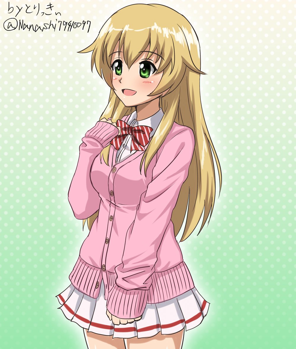 1girl artist_name bangs blonde_hair cardigan carpaccio casual commentary cowboy_shot diagonal-striped_neckwear dress_shirt eyebrows_visible_through_hair girls_und_panzer gradient gradient_background green_background green_eyes long_hair long_sleeves looking_to_the_side miniskirt open_mouth pink_sweater pleated_skirt polka_dot polka_dot_background red_neckwear shirt signature single_horizontal_stripe skirt smile solo standing sweater twitter_username white_shirt white_skirt wing_collar zanntetu