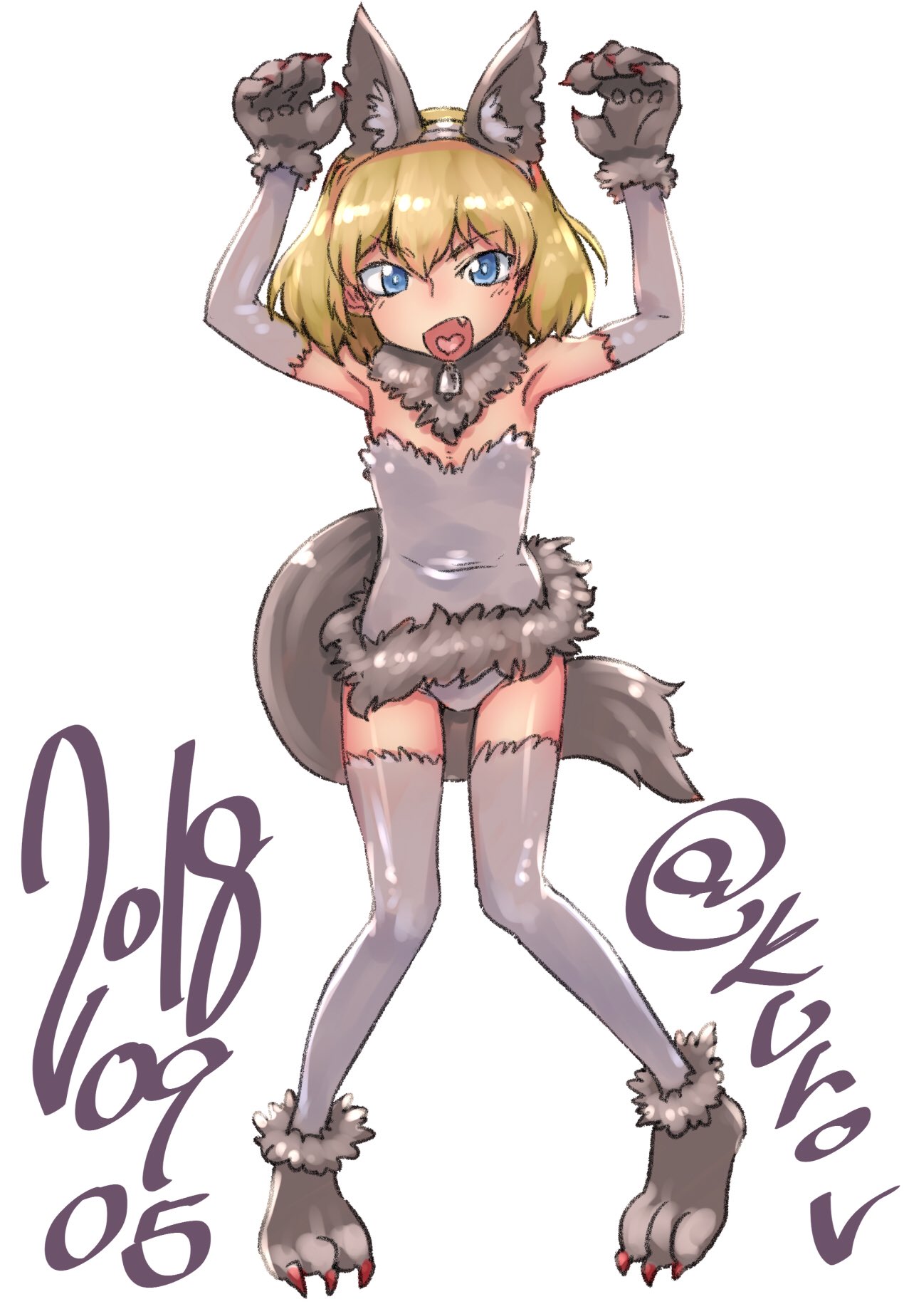 1girl abaratani_kurou alternate_costume animal_costume animal_ears arms_up bangs bell bell_collar claw_pose collar commentary_request dated elbow_gloves eyebrows_visible_through_hair fake_animal_ears fang full_body fur-trimmed_leotard fur_collar fur_trim girls_und_panzer gloves grey_footwear grey_gloves grey_legwear grey_leotard halloween_costume highres katyusha leotard looking_at_viewer open_mouth partial_commentary paw_gloves paw_shoes paws shoes short_hair simple_background smirk solo standing strapless strapless_leotard tail thigh-highs twitter_username v-shaped_eyebrows werewolf white_background wolf_costume wolf_ears wolf_tail