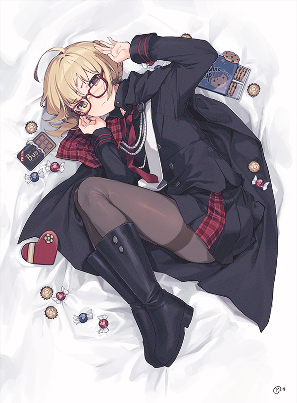 1girl ahoge arm_up artoria_pendragon_(all) bangs bed_sheet black_footwear black_jacket black_shirt black_skirt boots box brown_eyes brown_hair brown_legwear candy_wrapper chocolate_bar chocolate_chip_cookie closed_mouth collared_shirt cookie dress_shirt eyebrows_visible_through_hair fate/grand_order fate_(series) food full_body glasses hand_up heart-shaped_box jacket knee_boots long_sleeves looking_at_viewer lying mysterious_heroine_x_(alter) nagu necktie on_side open_clothes open_jacket pantyhose pleated_skirt red-framed_eyewear shirt skirt solo thighband_pantyhose white_neckwear