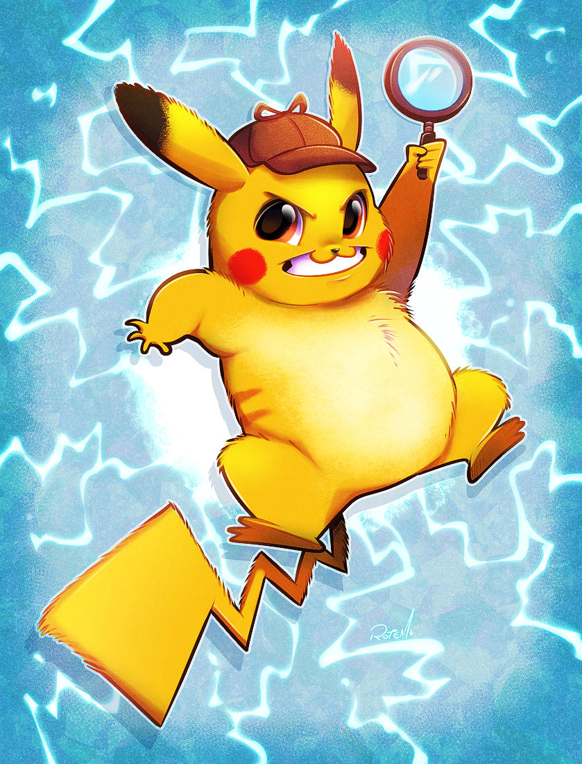 blue_background blush_stickers commentary creature creatures_(company) detective_pikachu detective_pikachu_(movie) electricity english_commentary game_freak gen_1_pokemon grin hat holding holding_magnifying_glass looking_at_viewer magnifying_glass nintendo no_humans pikachu pokemon pokemon_(creature) smile solo vaporotem