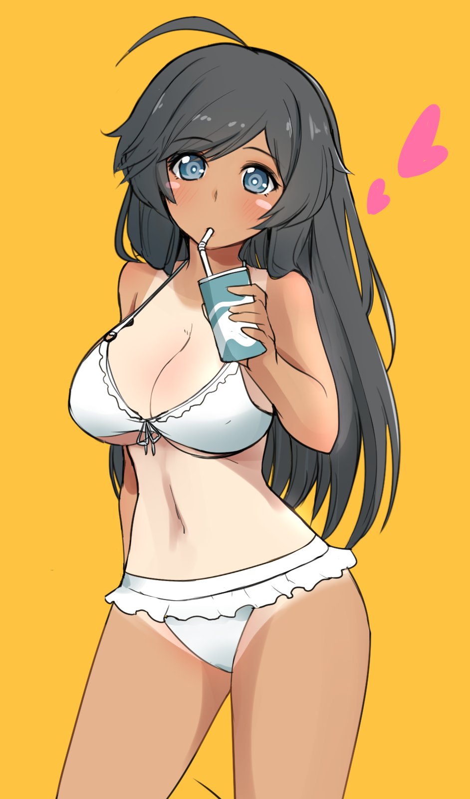 1girl ahoge arms_behind_back bangs bikini black_eyes black_hair blush blush_stickers bow_bikini breasts cleavage closed_mouth commentary_request cowboy_shot cup disposable_cup drinking_straw eyebrows_visible_through_hair frilled_bikini frills girls_und_panzer head_tilt heart highres holding holding_cup hoshikawa_(hoshikawa_gusuku) isuzu_hana large_breasts long_hair looking_at_viewer mouth_hold navel one-piece_tan simple_background solo standing swimsuit tan tanline white_pupils yellow_background
