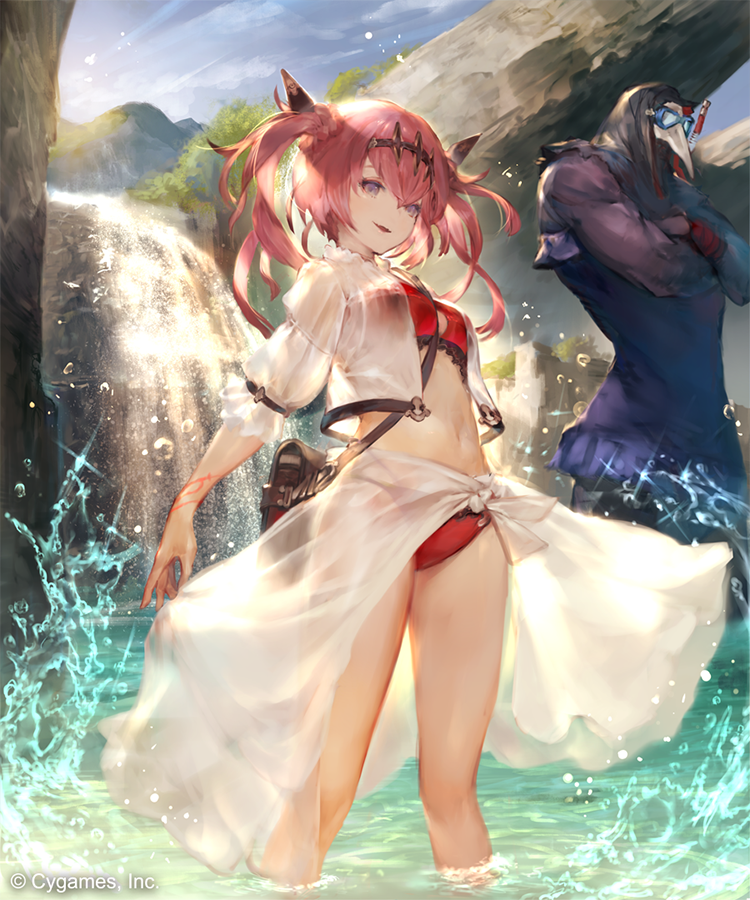 1girl :d bangs bikini blue_sky breasts crossed_arms day diadem floating_hair grey_eyes long_hair looking_at_viewer n.a. navel official_art open_mouth original outdoors pink_hair purple_skin red_bikini sarong see-through sky small_breasts smile soaking_feet standing swimsuit twintails water wristband