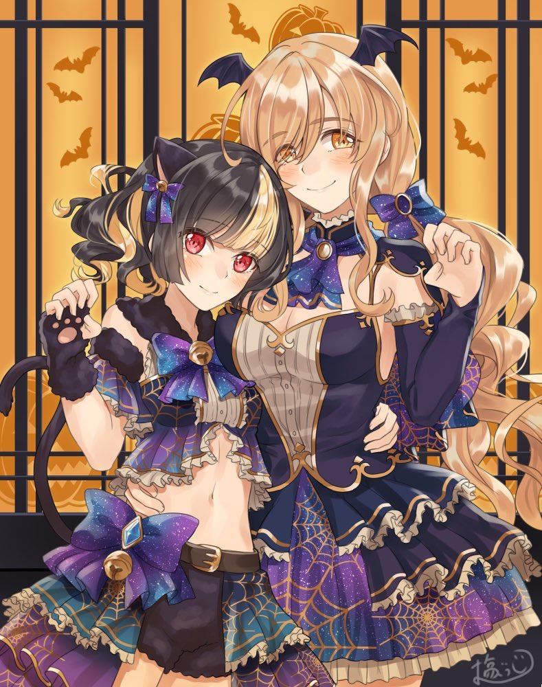 2girls animal_ears bat bat_hair_ornament bat_wings bell belt blonde_hair blush bow breasts cat_ears cat_tail claw_pose cleavage closed_mouth dress extra_ears eyebrows_visible_through_hair eyes_visible_through_hair fatal_twelve fingerless_gloves fur-trimmed_collar fur-trimmed_gloves fur_trim gem gloves hair_ornament hair_ribbon halloween hand_on_another's_back jewelry large_breasts long_hair looking_at_viewer matsusatoru_kouji midriff mishima_miharu multicolored_hair multiple_girls navel nyan print_dress pumpkin red_eyes ribbon shishimai_rinka short_hair short_sleeves skirt small_breasts smile spider_web_print tail two-tone_hair wings yellow_eyes yuri