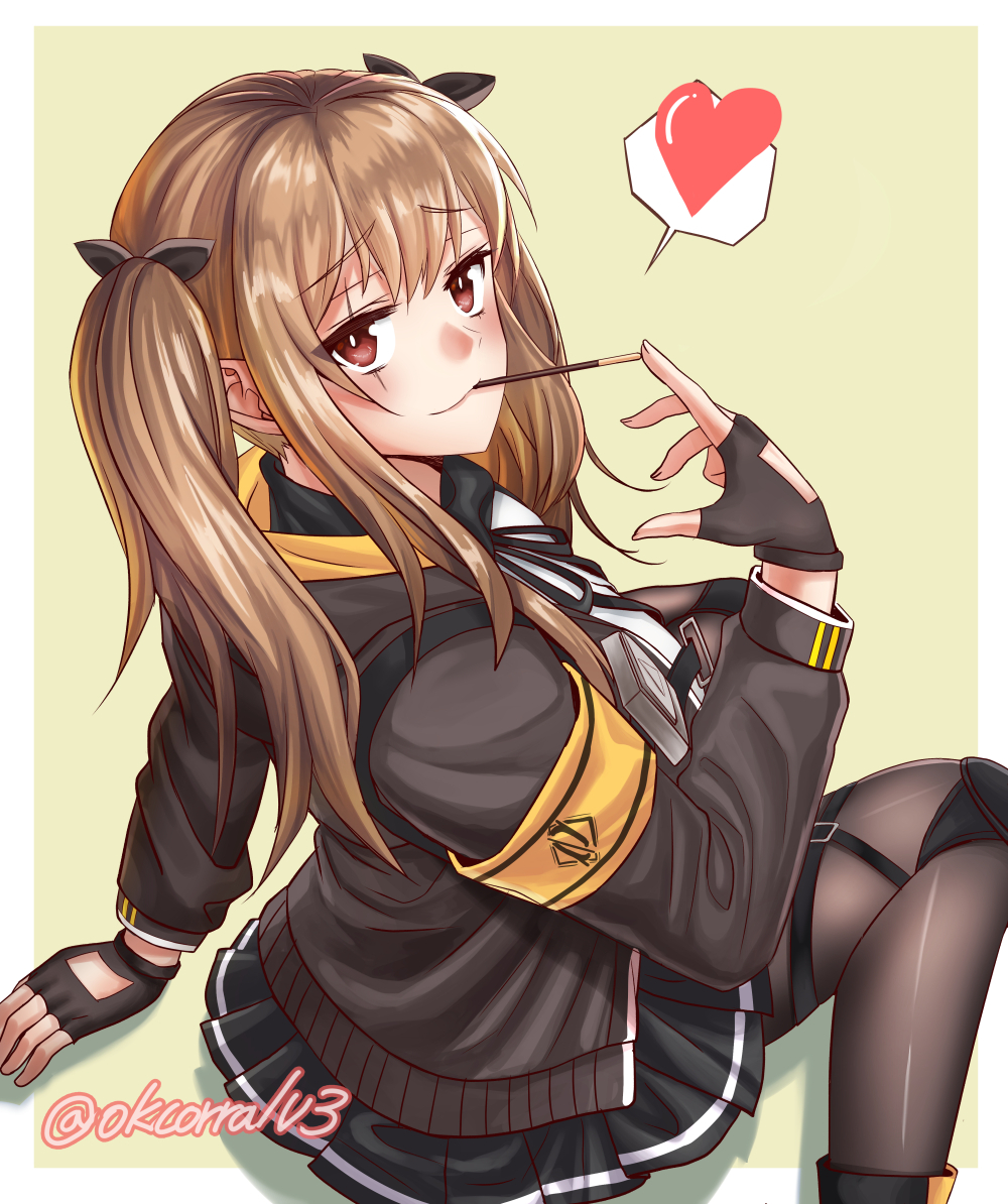 1girl armband brown_hair fingerless_gloves food girls_frontline gloves heart hood hoodie jacket looking_at_viewer looking_back o.k.corral pleated_skirt pocky red_eyes scar scar_across_eye skirt smile spoken_heart twintails twitter_username ump9_(girls_frontline)