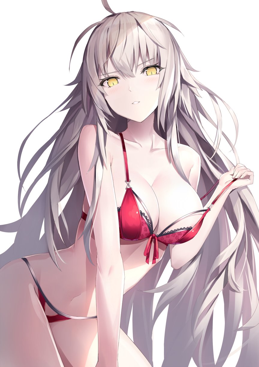 1girl ahoge all_fours bangs blush bra bra_tug breasts cleavage eyebrows_visible_through_hair fate/grand_order fate_(series) highres jeanne_d'arc_(alter)_(fate) jeanne_d'arc_(fate)_(all) large_breasts lingerie long_hair looking_at_viewer messy_hair navel open_mouth panties red_bra red_panties rin_yuu sidelocks silver_hair simple_background smile solo stomach tsurime underwear underwear_only white_background yellow_eyes