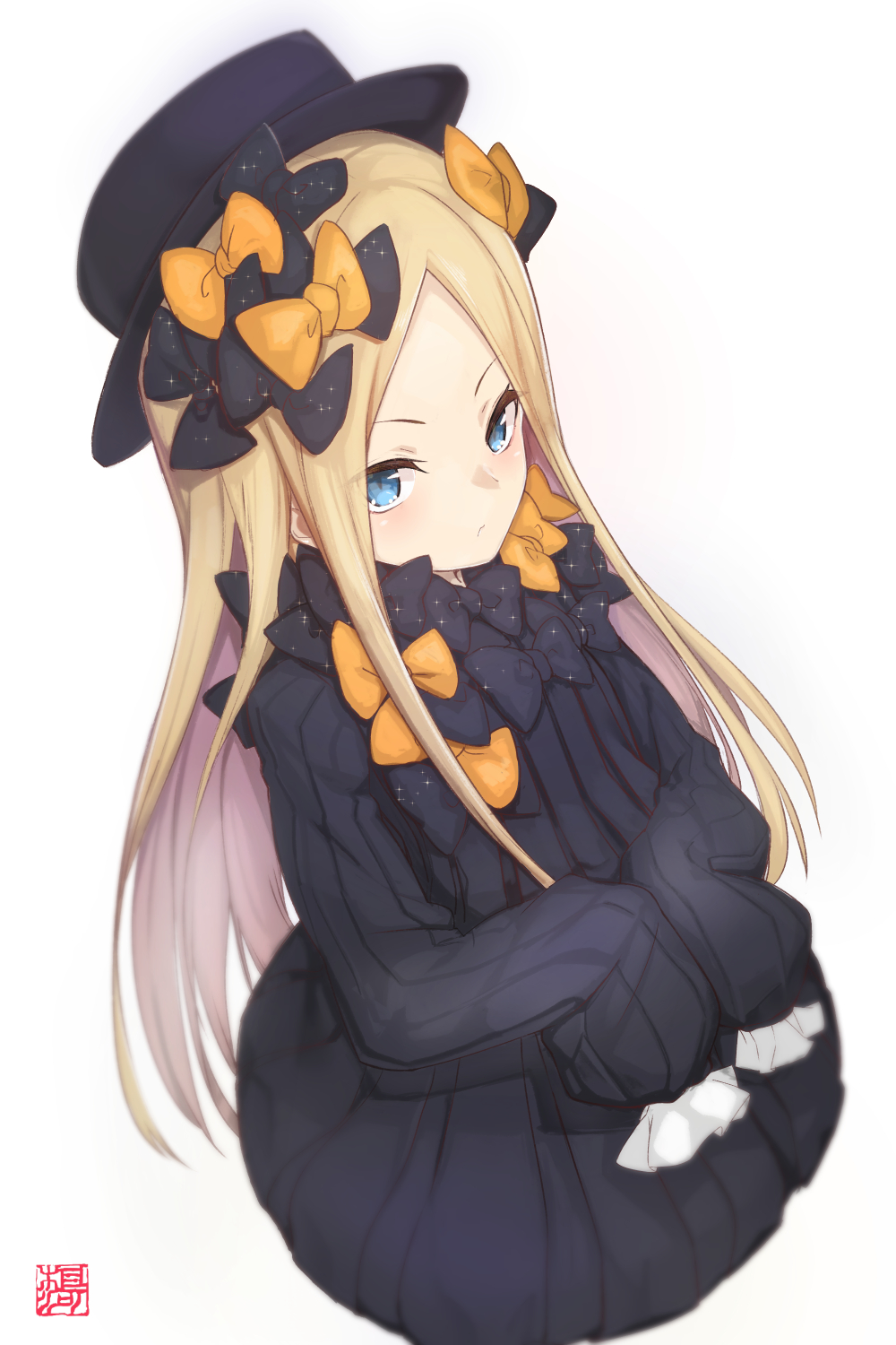 1girl abigail_williams_(fate/grand_order) bangs black_bow black_dress black_hat blonde_hair blue_eyes bow dress fate/grand_order fate_(series) goemon1110 hair_bow hat highres long_dress long_hair looking_at_viewer orange_bow parted_bangs simple_background sleeves_past_wrists solo standing striped vertical-striped_dress vertical_stripes very_long_hair white_background