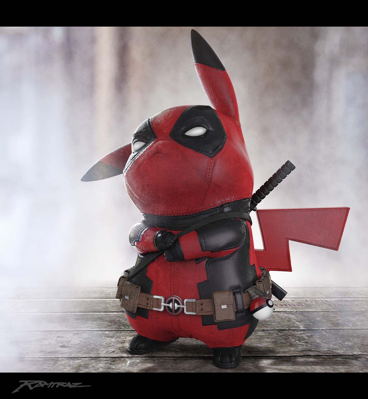 belt black_gloves clothed_pokemon cosplay costume creature creatures_(company) deadpool deadpool_(cosplay) game_freak gen_1_pokemon gloves ground highres marvel nintendo no_humans pikachu poke_ball poke_ball_(generic) pokemon pokemon_(creature) rallp_andres sheath sheathed signature solo standing sword weapon