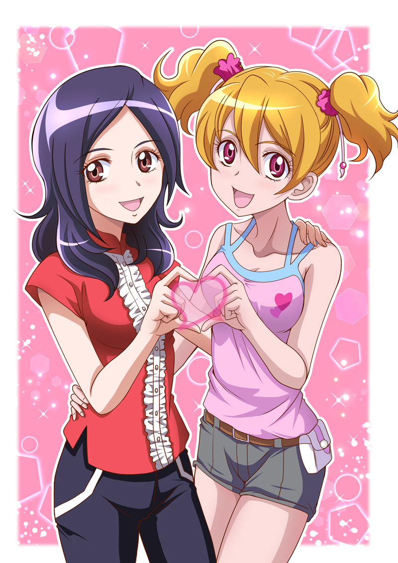 2girls :d bangs belt black_pants blonde_hair breasts brown_eyes cleavage collarbone cowboy_shot eyebrows_visible_through_hair fresh_precure! grey_shorts hair_between_eyes hair_ornament hair_scrunchie hand_on_another's_hip hand_on_another's_shoulder hanzou heart heart_hands heart_hands_duo heart_print higashi_setsuna long_hair looking_at_viewer medium_breasts momozono_love multiple_girls open_mouth pants parted_bangs pink_scrunchie pink_shirt precure print_shirt red_eyes red_shirt scrunchie shiny shiny_hair shirt short_shorts short_twintails shorts sleeveless sleeveless_shirt smile standing twintails