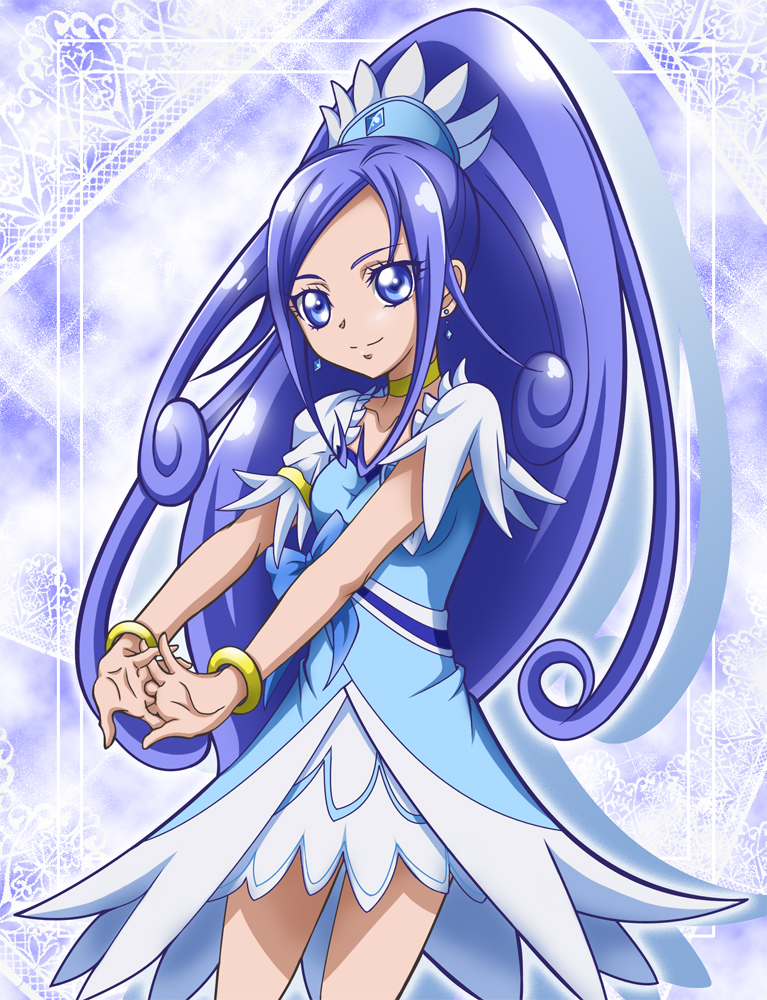 1girl bangs blue_dress blue_eyes blue_hair bracelet choker cowboy_shot cure_diamond dokidoki!_precure dress earrings hair_ornament hanzou high_ponytail hishikawa_rikka jewelry long_hair outstretched_arms parted_bangs precure shiny shiny_hair short_dress short_sleeves smile solo standing very_long_hair