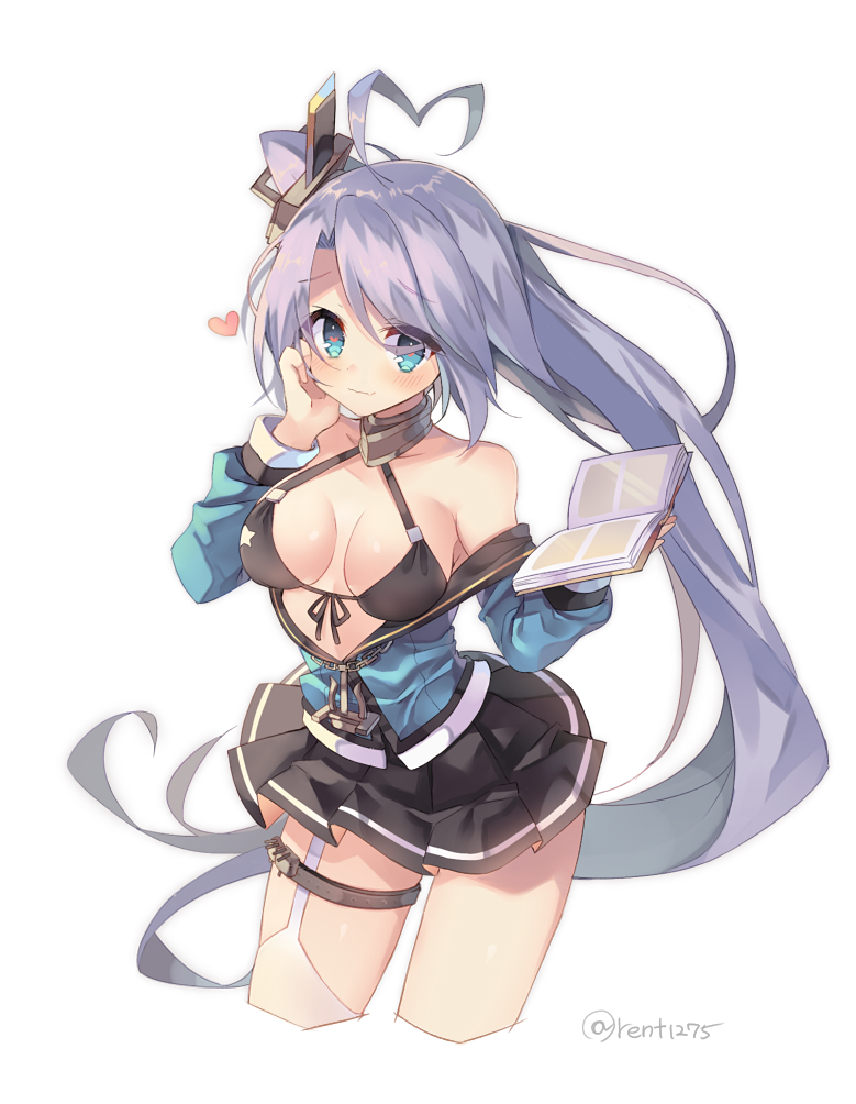 1girl ahoge azur_lane bangs bare_shoulders between_breasts blue_eyes blush breasts cleavage cropped_legs eyebrows_visible_through_hair garter_straps heart heart-shaped_pupils heart_ahoge large_breasts long_hair looking_at_viewer portland_(azur_lane) rento_(rukeai) side_ponytail skirt smile symbol-shaped_pupils very_long_hair