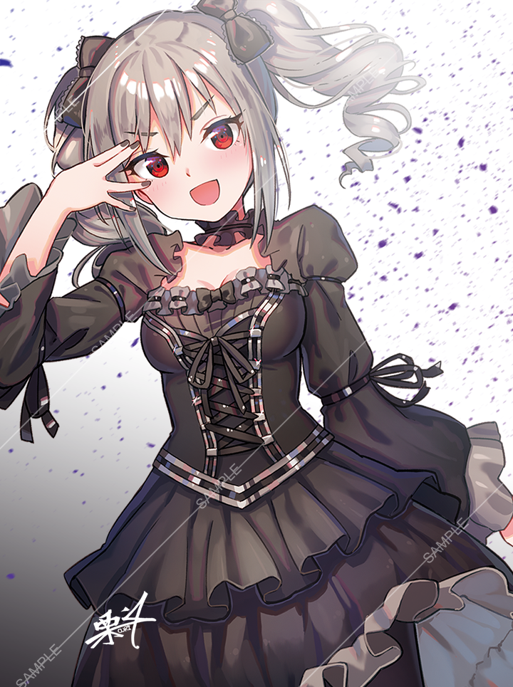 1girl :d arm_up bangs black_bow black_dress black_nails black_ribbon blush bow breasts commentary_request cross-laced_clothes dress eyebrows_visible_through_hair fingernails gradient gradient_background grey_background grey_hair hair_between_eyes hair_bow head_tilt idolmaster idolmaster_cinderella_girls juliet_sleeves kanzaki_ranko kuri_choko long_sleeves looking_at_viewer medium_breasts nail_polish open_mouth puffy_sleeves red_eyes ribbon ringlets sample signature smile solo twintails v-shaped_eyebrows white_background