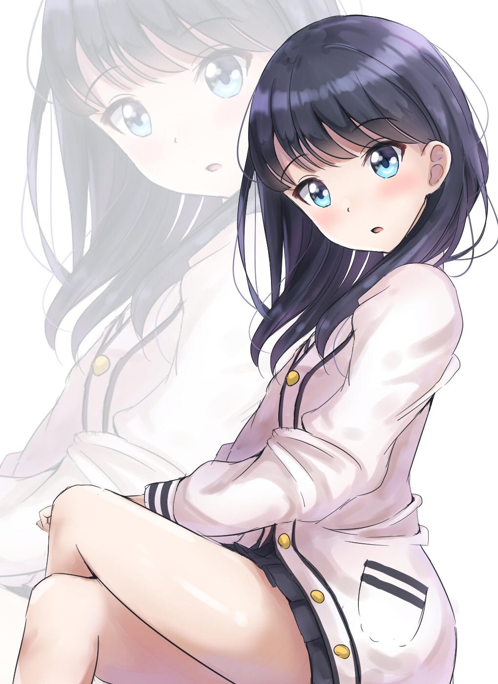 1girl bangs black_hair black_skirt blue_eyes blush cardigan commentary_request eyebrows_visible_through_hair head_tilt highres legs_crossed long_hair long_sleeves looking_at_viewer parted_lips pleated_skirt sin_(sin52y) skirt solo ssss.gridman takarada_rikka white_background white_cardigan zoom_layer