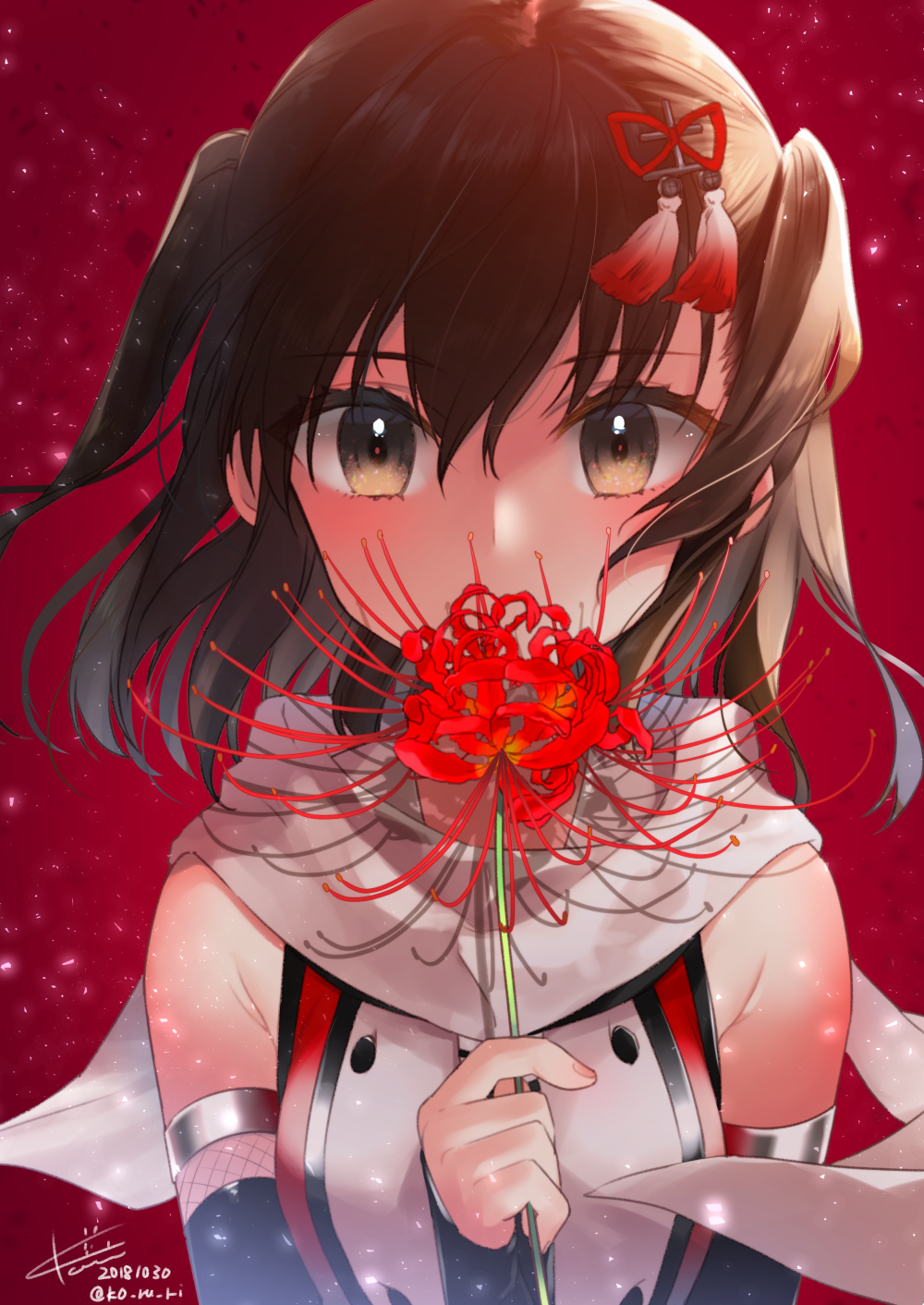 brown_eyes brown_hair commentary_request detached_sleeves flower flower_on_mouth hair_ornament highres holding holding_flower kantai_collection koruri medium_hair red_background remodel_(kantai_collection) scarf sendai_(kantai_collection) shirt sleeveless sleeveless_shirt spider_lily two_side_up upper_body white_scarf