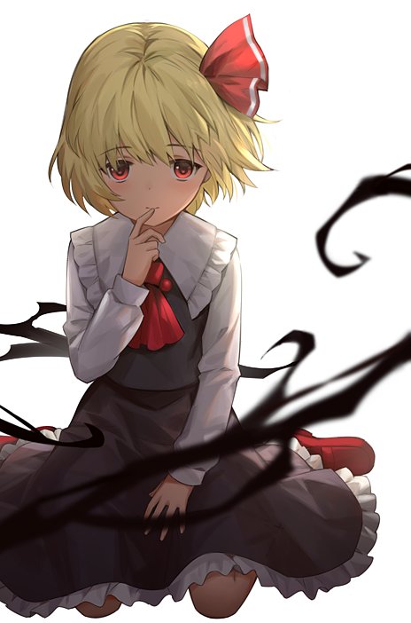 1girl ascot bangs black_skirt blonde_hair eyebrows_visible_through_hair finger_to_mouth frilled_skirt frills full_body kneeling lazuri7 long_sleeves looking_at_viewer red_eyes red_footwear red_neckwear rumia short_hair simple_background skirt smile solo touhou white_background white_sleeves