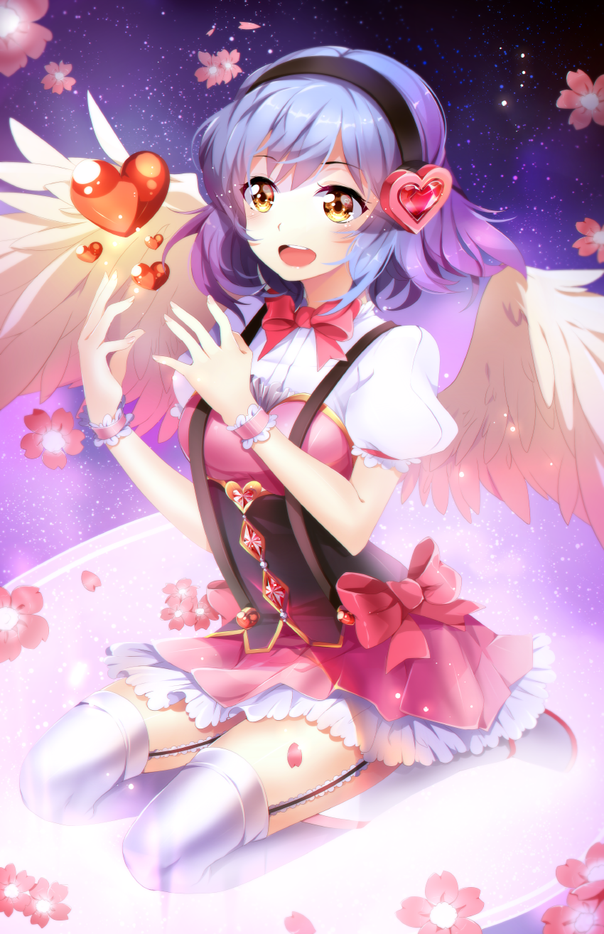 :d angel angel_wings blue_hair boots bow dress flower garter_straps happy headphones heart highres kneeling open_mouth original phyrnna pink_bow pink_dress pink_heart red_heart short_dress short_hair sky smile squchan star_(sky) starry_sky thigh-highs valentine white_dress white_footwear white_legwear white_wings wings yellow_eyes