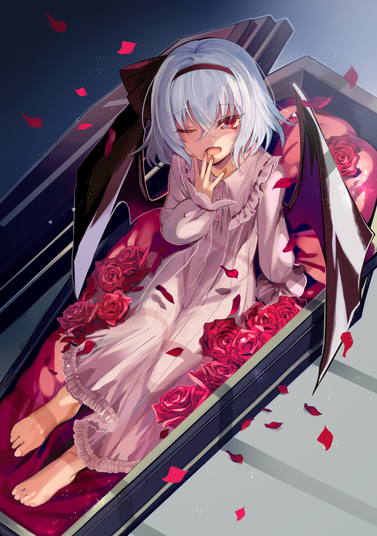 1girl bangs basket bat_wings black_wings blue_background coffin eyebrows_visible_through_hair fingernails flower from_above full_body gradient gradient_background hair_between_eyes hand_up light_blue_hair long_sleeves looking_at_viewer nightgown one_eye_closed open_mouth petals red_eyes red_flower red_rose remilia_scarlet ribbon_trim rose rose_petals short_hair sitting solo striped toenails touhou waking_up wings yuki_(popopo)