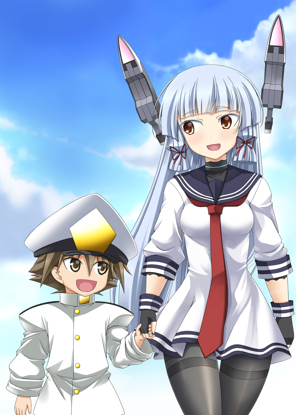 1boy 1girl bangs blue_hair blue_sky blunt_bangs breasts brown_eyes brown_hair clouds commentary_request dress epaulettes fingerless_gloves gloves hair_tie hand_holding hat headgear highres kantai_collection little_boy_admiral_(kantai_collection) long_hair long_sleeves military military_hat military_uniform murakumo_(kantai_collection) necktie oversized_clothes pantyhose peaked_cap rappa_(rappaya) sailor_dress sidelocks sky smile uniform