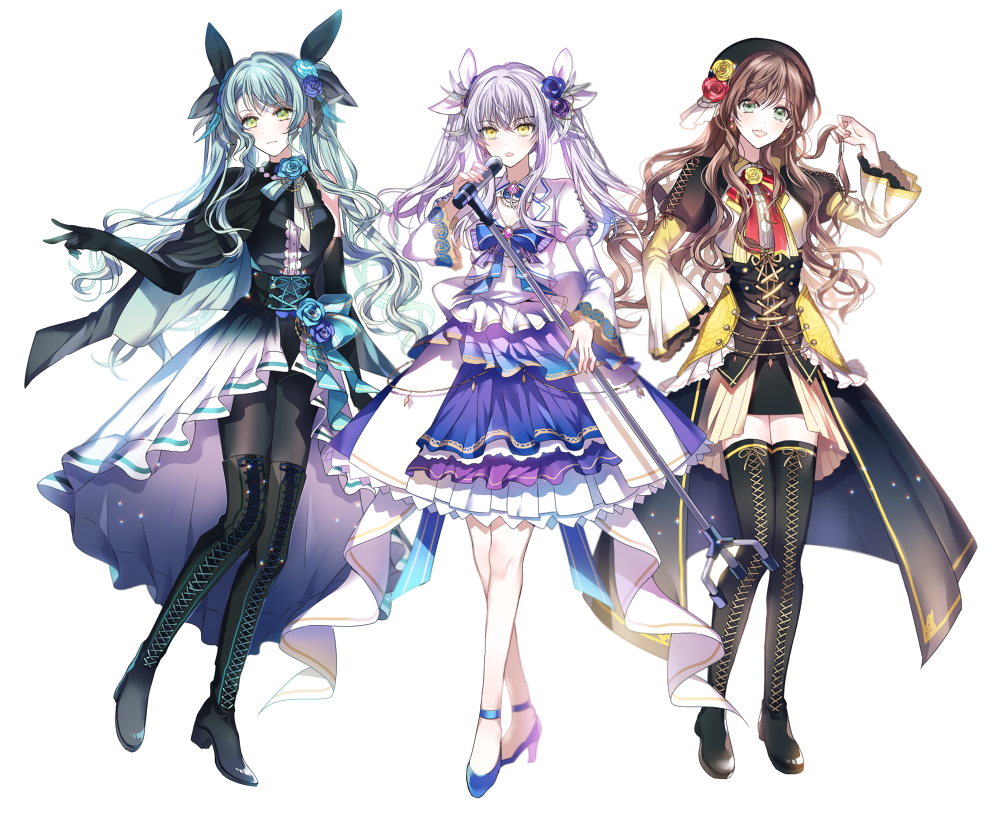 3girls :d alternate_hairstyle ankle_strap aqua_hair bang_dream! bangs beret black_footwear black_gloves black_hat black_legwear black_ribbon blue_flower blue_footwear blue_neckwear blue_rose boots brown_hair cape corset cross-laced_footwear dress elbow_gloves flower frills full_body gloves green_eyes hair_flower hair_ornament hair_ribbon hat hat_flower high_heels hikawa_sayo holding_microphone_stand imai_lisa jacket lavender_hair long_hair long_sleeves looking_at_viewer microphone_stand minato_yukina multiple_girls neck_ribbon nennen open_mouth overskirt pantyhose red_flower red_neckwear red_rose ribbon rose showgirl_skirt sidelocks simple_background smile thigh-highs thigh_boots twintails v white_background white_ribbon wide_sleeves yellow_eyes yellow_flower yellow_rose