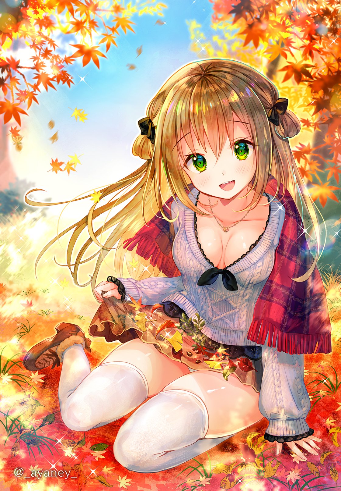 1girl aran_sweater autumn autumn_leaves ayane_yui bangs black_ribbon blonde_hair breasts breasts_apart brown_footwear commentary_request green_eyes grey_sweater hair_ribbon head_to_head highres jewelry leaf long_hair looking_at_viewer maple_leaf medium_breasts necklace open_mouth original outdoors plaid plaid_scarf red_scarf ribbon scarf shoes smile solo sparkle sweater thigh-highs twitter_username white_legwear wind