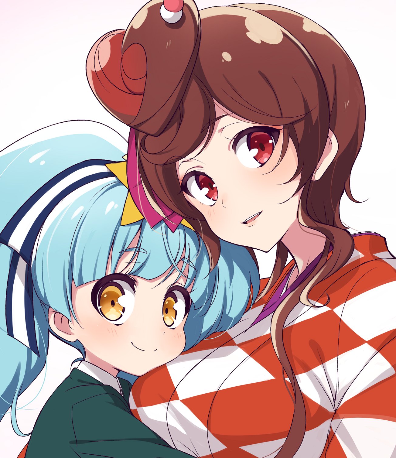 2girls artist_request blue_hair brown_hair checkered checkered_kimono close-up commentary_request head_on_chest highres hoshikawa_lily japanese_clothes kimono long_hair looking_at_viewer multiple_girls red_eyes tied_hair white_background yellow_eyes yuugiri_(zombie_land_saga) zombie_land_saga