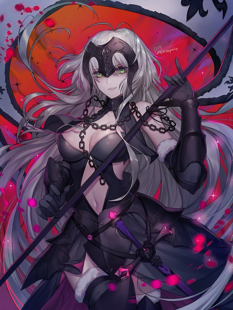 1girl absurdly_long_hair antenna_hair armor armored_dress artist_name banner black_dress black_gloves black_legwear breasts cleavage collarbone dress eyebrows_visible_through_hair fate/grand_order fate_(series) faulds floating_hair fur_trim gloves green_eyes hair_between_eyes hayanpool headpiece holding jeanne_d'arc_(alter)_(fate) jeanne_d'arc_(fate)_(all) large_breasts long_hair midriff navel navel_cutout silver_hair smile solo standing stomach thigh-highs very_long_hair