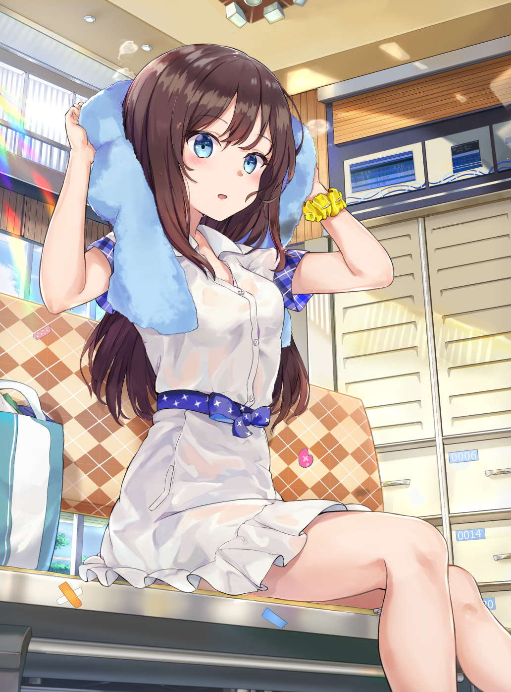 1girl arms_up bag bangs bench blue_bow blue_eyes blue_sky blush bow breasts brown_hair clouds cloudy_sky collared_shirt commentary day dress_shirt drying drying_hair eyebrows_visible_through_hair hair_between_eyes highres indoors long_hair looking_at_viewer mosta_(lo1777789) on_bench original parted_lips plaid shirt short_sleeves sitting skirt sky small_breasts solo sparkle sunlight symbol_commentary towel very_long_hair wet wet_clothes wet_shirt wet_skirt white_shirt white_skirt window